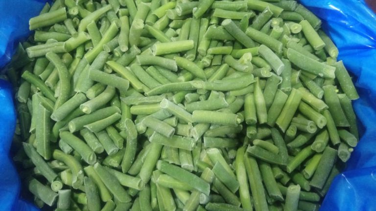 IQF green beans, cut to even lengths, in a blue-lined crate