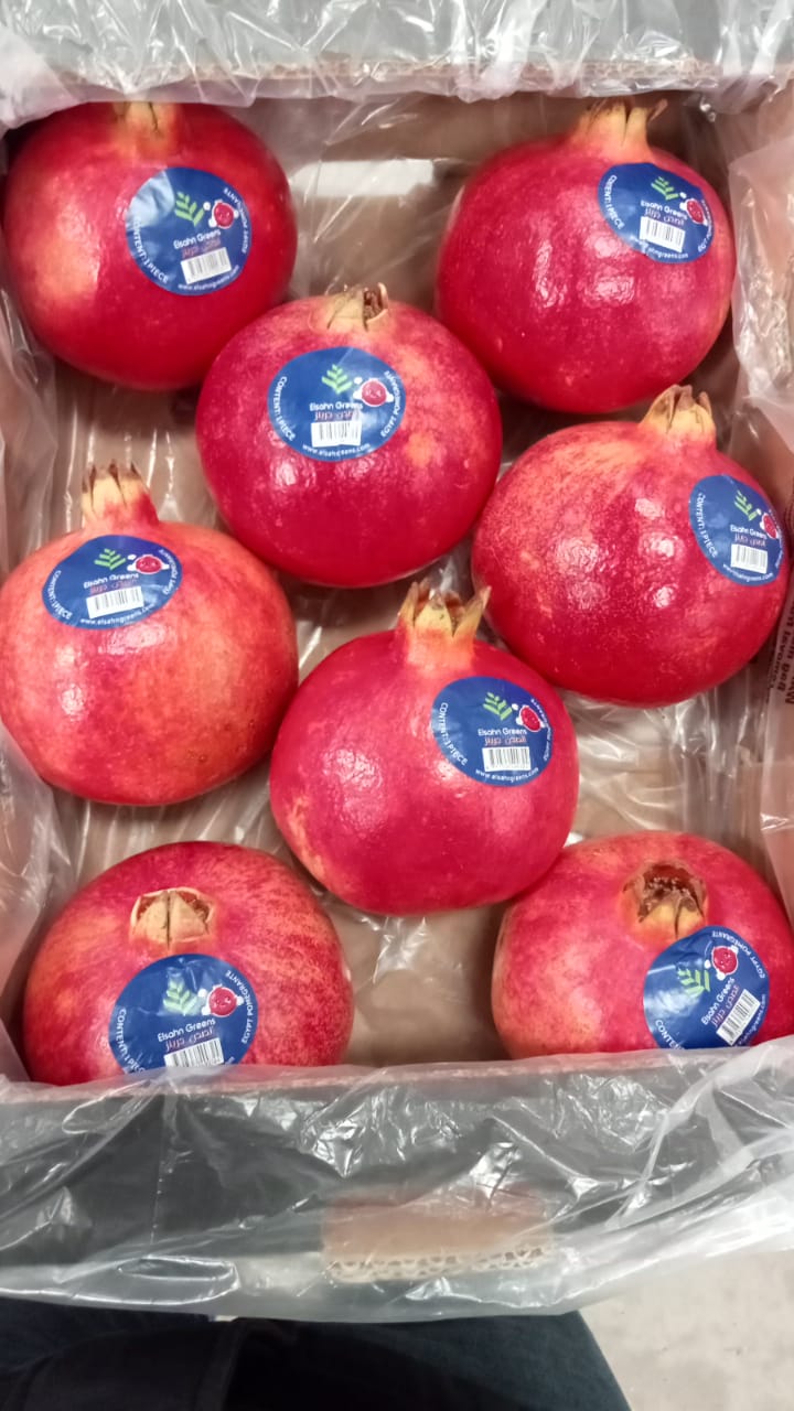 Labelled pomegranates packed into a lined tray