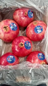 Labelled pomegranates packed into a lined tray