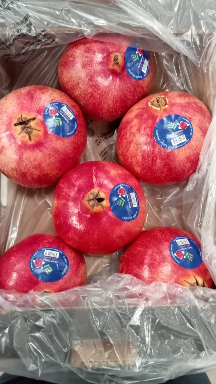 Labelled pomegranates packed into a lined tray