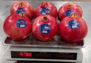 Labelled pomegranates being weighed on the packing line