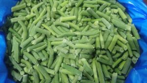 IQF green beans, cut to even lengths, in a blue-lined crate