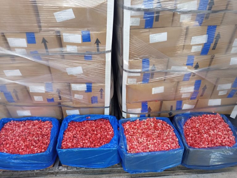 IQF diced strawberries in blue-lined crates beside pallets of packed cartons