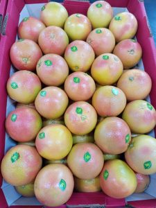 A full red carton of labelled grapefruit seen from above
